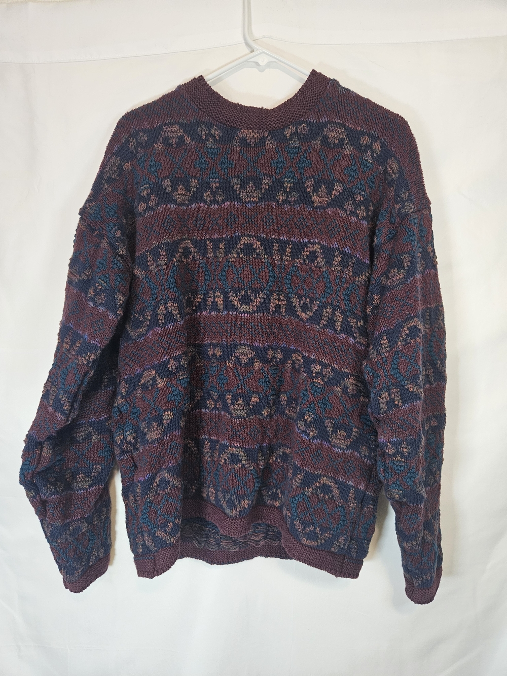 Lake Harmony Vintage 100% Cotton Burgundy and Navy Geometric Knit Sweater